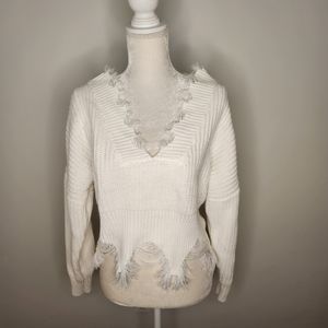 Hera Collection, Distressed Hems Knit Sweater, White